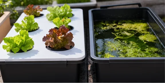À gauche un bac couvert d’un couvercle blanc percé avec des salades, à droite un bac ouvert envahi d’algues vertes