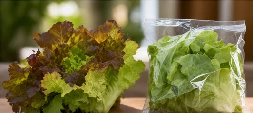 À gauche une laitue fraîchement cueillie sur le balcon, à droite une salade du commerce dans un sachet plastique