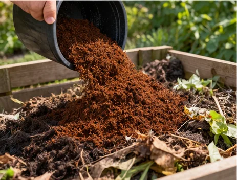 Fibre de coco usagée versée d’un seau sur un bac à compost