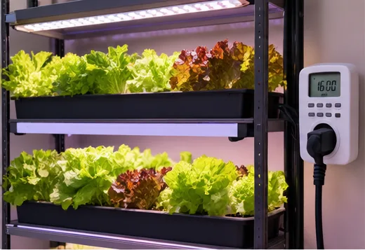 Étagère de salades sous rampes LED, branchée sur une prise minuterie