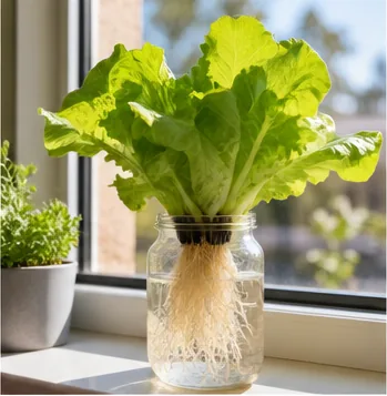 Laitue en bocal Kratky sur un rebord de fenêtre ensoleillé, racines dans la solution