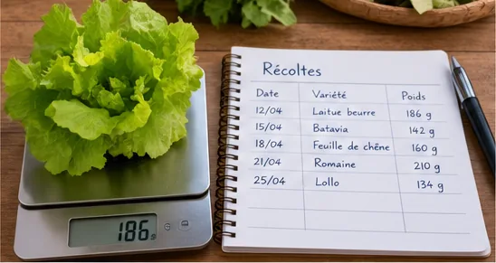Laitue posée sur une balance de cuisine affichant 186 g, à côté d’un carnet où sont notées les récoltes et leur poids