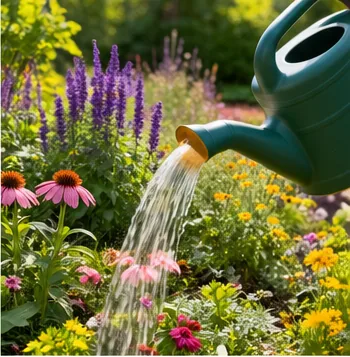 Arrosoir versant la solution nutritive usée sur un massif de fleurs du jardin