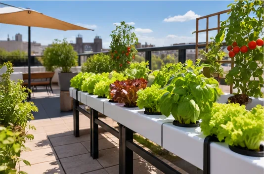 Terrasse ensoleillée avec gouttières hydroponiques de salades, basilic et tomates, sans lampe