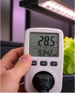 Main tenant une prise wattmètre qui affiche 28,5 W et 0,342 kWh