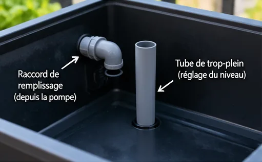 Bac de culture vide avec le raccord de remplissage coudé et le tube de trop-plein, légendés