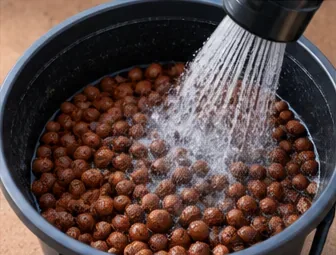 Billes d’argile rincées au jet dans un seau, eau claire