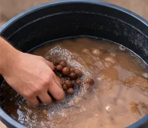 Main remuant des billes d’argile dans un seau d’eau brune et trouble