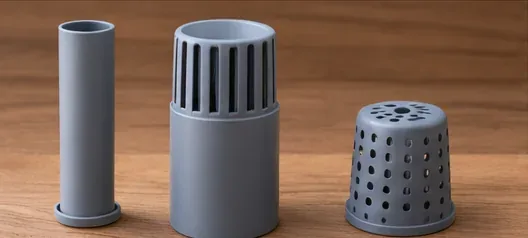 Les trois pièces d’un siphon cloche posées sur une table : tube central, cloche à fentes et protection perforée