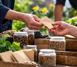 Deux mains qui s’échangent un sachet de graines