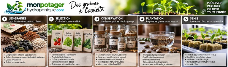 Infographie Des graines à l’assiette : les graines, la sélection des variétés, la conservation, la préparation avant le semis et le semis en hydroponie
