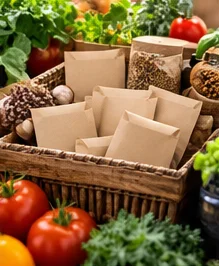 Panier de sachets de graines entouré de légumes