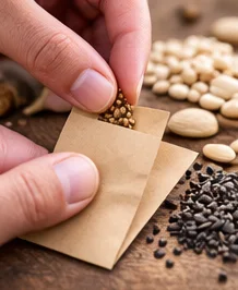 Main versant des graines dans un sachet kraft