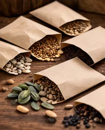 Sachets en papier kraft ouverts sur des graines