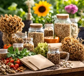 Table de bourse aux graines avec bocaux et sachets