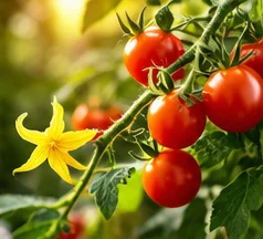 Grappe de tomates cerises et fleur jaune