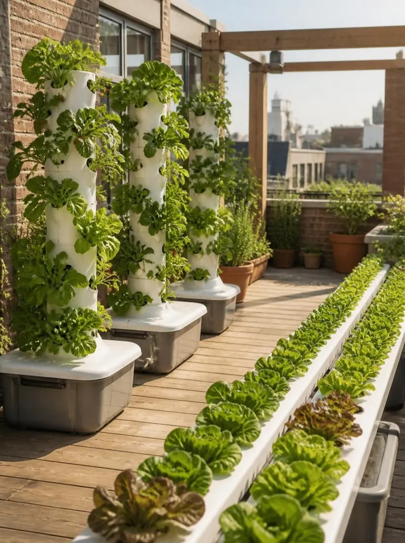 Tours hydroponiques et gouttières de salades sur une terrasse en bois, au soleil