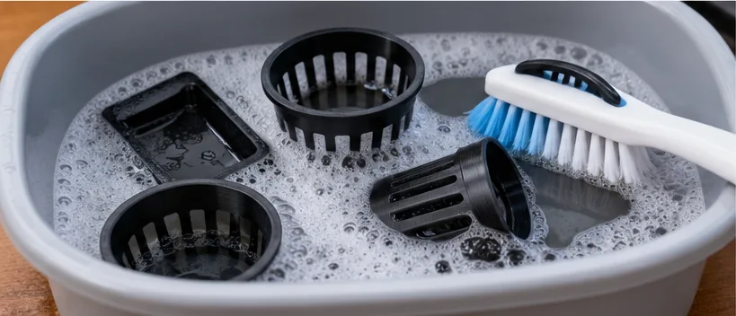 Paniers et pièces imprimées dans une bassine d’eau savonneuse, avec une brosse