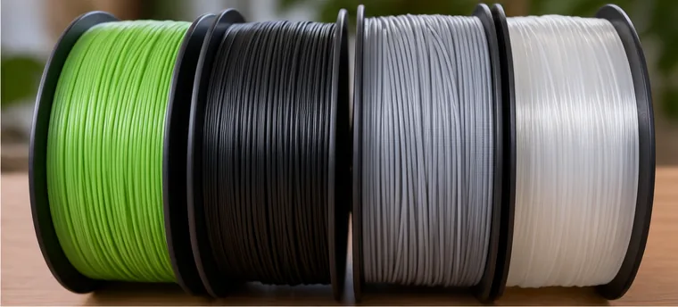 Quatre bobines de filament côte à côte : vert, noir, gris et translucide