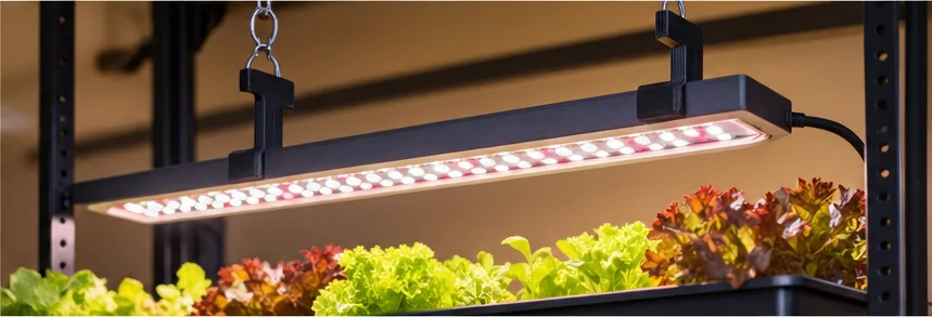 Rampe LED suspendue par deux crochets imprimés au-dessus de jeunes salades
