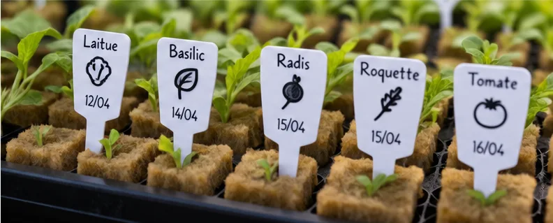Étiquettes de semis imprimées plantées dans un plateau de cubes : laitue, basilic, radis, roquette, tomate, avec leur date