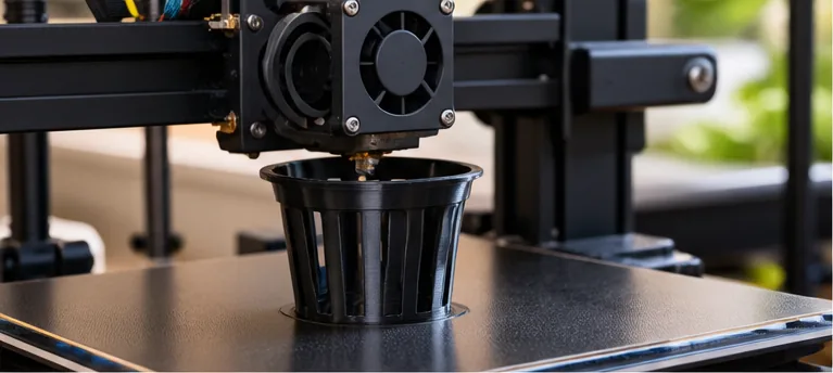 Imprimante 3D en train d’imprimer un panier hydroponique noir