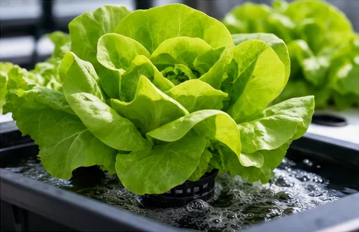Belle laitue beurre prête à récolter dans un bac DWC où l’eau bouillonne
