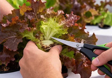 Mains coupant aux ciseaux les feuilles extérieures d’une feuille de chêne rouge en gardant le cœur