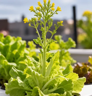 Laitue montée en graines avec une longue tige florale et des fleurs jaunes
