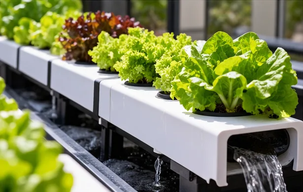 Gouttières NFT blanches avec des laitues de tailles différentes, de la jeune pousse à la tête formée