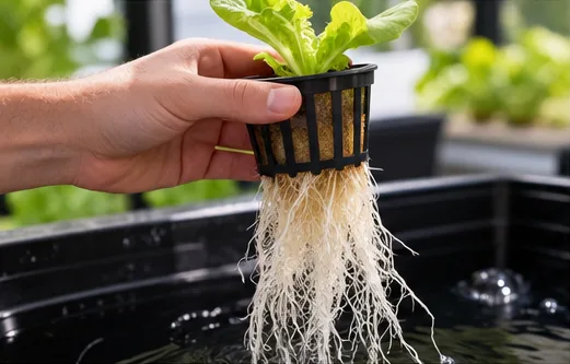 Main tenant un panier de culture avec un jeune plant de laitue et ses racines blanches au-dessus d’un bac