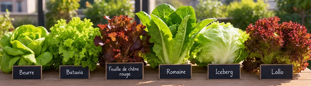 Six laitues alignées avec leur étiquette : beurre, batavia, feuille de chêne rouge, romaine, iceberg et lollo rouge