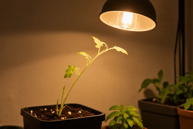 Ampoule classique au-dessus d’un jeune plant étiré et pâle