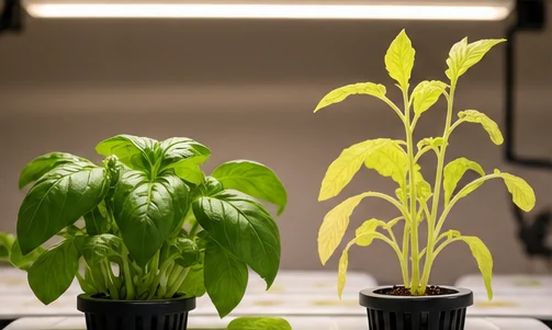 Deux plants côte à côte : basilic trapu et vert sous bonne lumière, plant étiré et jaune à côté