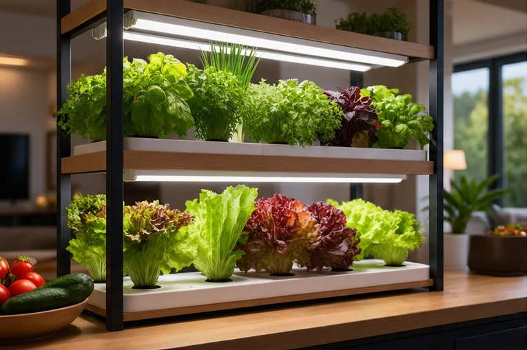 Étagère de cuisine avec salades et herbes aromatiques sur deux niveaux, chacun éclairé par une réglette LED blanche