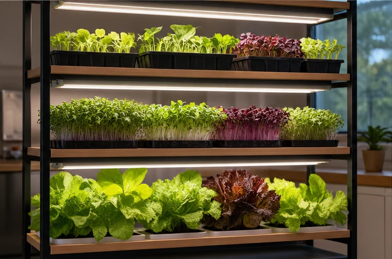 Étagère à trois niveaux avec une réglette LED sous chaque étage : semis, micro-pousses et salades