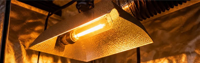 Lampe au sodium haute pression dans son réflecteur, lumière orangée, dans une tente de culture