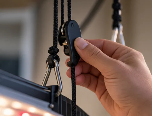 Main réglant une suspension à crémaillère qui tient un panneau LED