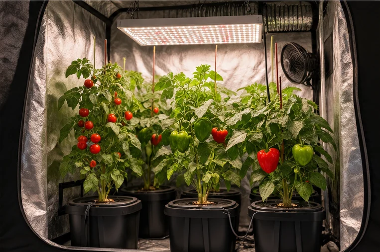 Tente de culture ouverte : panneau LED au-dessus de tomates et poivrons en seaux, parois réfléchissantes et ventilateur