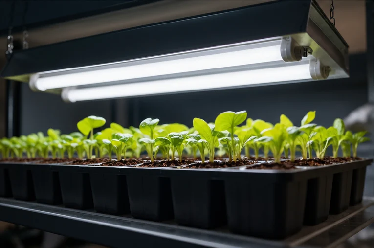 Réglette de deux tubes fluorescents T5 au-dessus d’un plateau de semis
