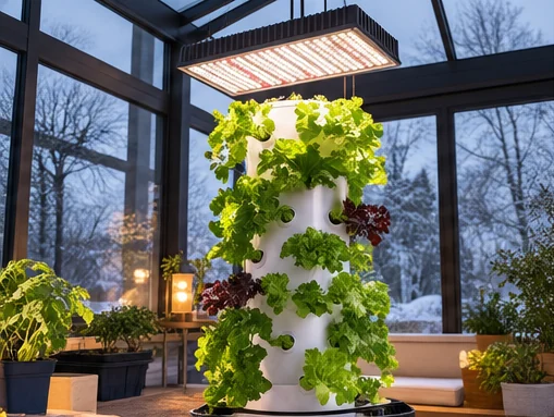 Tour hydroponique dans une véranda en hiver, panneau LED d’appoint au-dessus, neige dehors