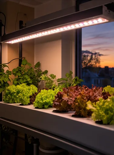 Barre LED allumée au-dessus d’une gouttière de salades devant une fenêtre, au coucher du soleil