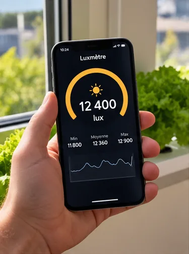 Téléphone affichant une appli luxmètre à 12 400 lux, tenu près des salades derrière la fenêtre
