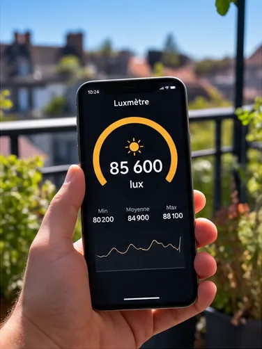 Téléphone affichant 85 600 lux, tenu dehors sur un balcon ensoleillé