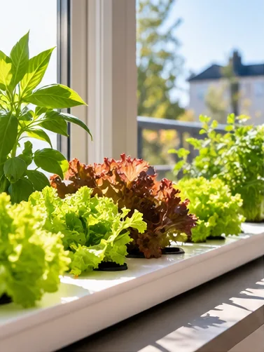 Salades vertes et rouges dans une gouttière hydroponique sur un rebord de fenêtre ensoleillé