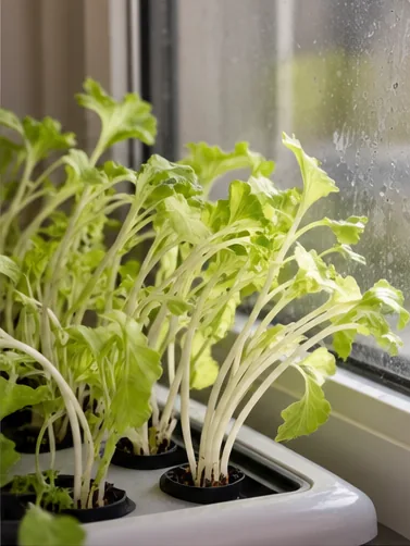 Salades étiolées aux longues tiges pâles, penchées vers une vitre