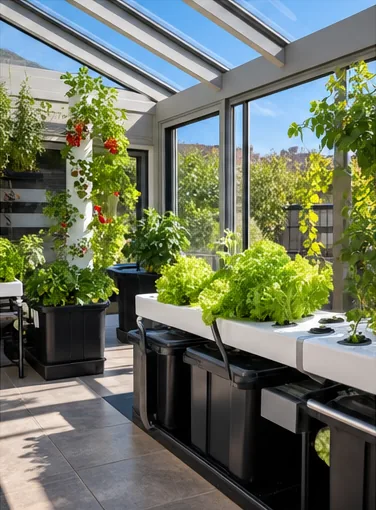 Véranda vitrée avec tour hydroponique de tomates, gouttières de salades et bacs