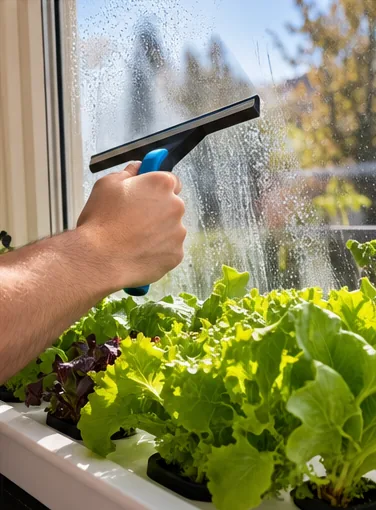 Main passant une raclette sur une vitre mouillée, salades hydroponiques au premier plan