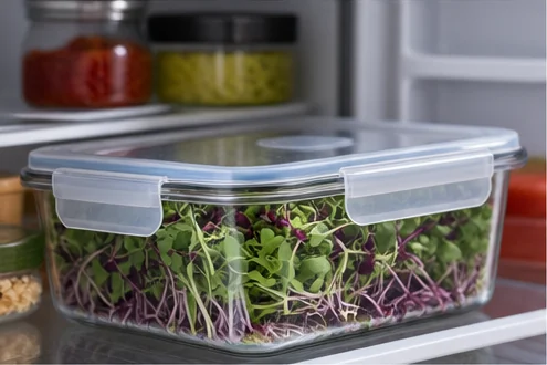 Boîte en verre fermée remplie de micro-pousses dans un réfrigérateur