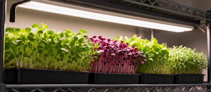 Plateaux de micro-pousses sous une réglette LED sur une étagère